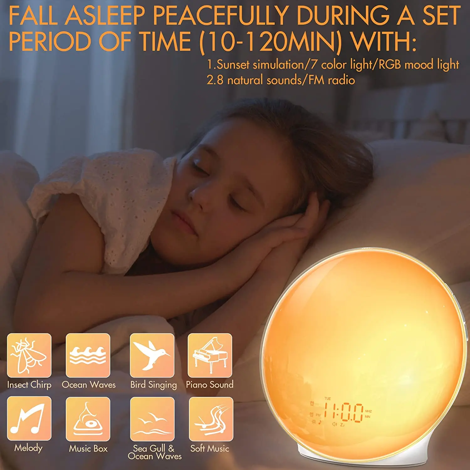 Multi-function Bedside Sunrise Wake Up Lamp With Double Alarm Clock Led RGB Symphony BT/FM Speaker White Noise Sounds Machine