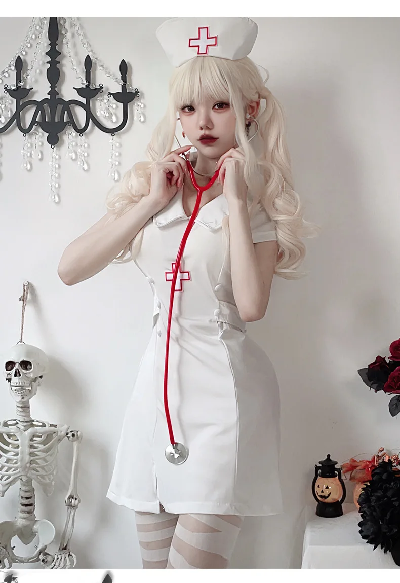 Sexy Nurse Cosplay Halloween Costumes for Women Multi Piece Set Fancy Party Anime Carnival Uniform Dress Vestidos Hat