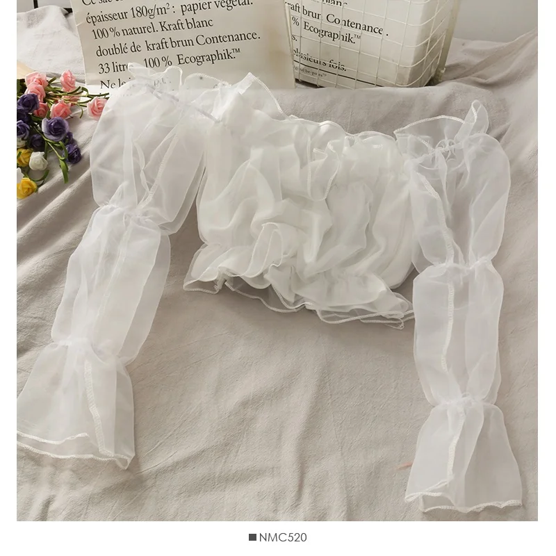 Ruffled Off Shoulder Organza Short Blouses Trendy Spring Summer Sexy Solid Color Long Puff Sleeves Slim Cropped Tops T11415P