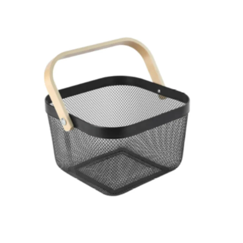 Mesh Steel Fruit Basket Bin with Wood Handle Hanging Storage Organizer Farmhouse Harvest Gardening Basket