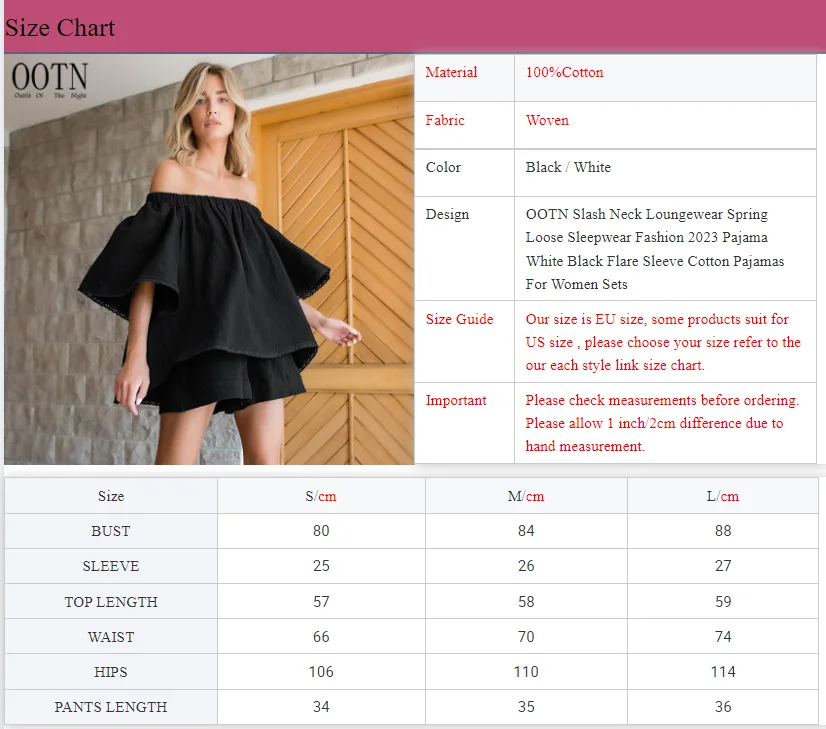 OOTN Slash Neck Loungewear Spring Loose Sleepwear Fashion 2023 Pajama  White Black Flare Sleeve Cotton Pajamas For Women Sets