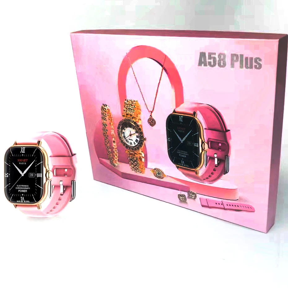 Original A58 Plus Girls Women Gift Watch Combo Bracelet Set Box Sleep Record Quartz Smart Watch Necklace Ring Earring Smartw
