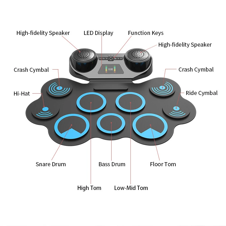 Hand-rolled rechargeable electronic lithium battery rechargeable  silicone portable drum set with built-in speaker