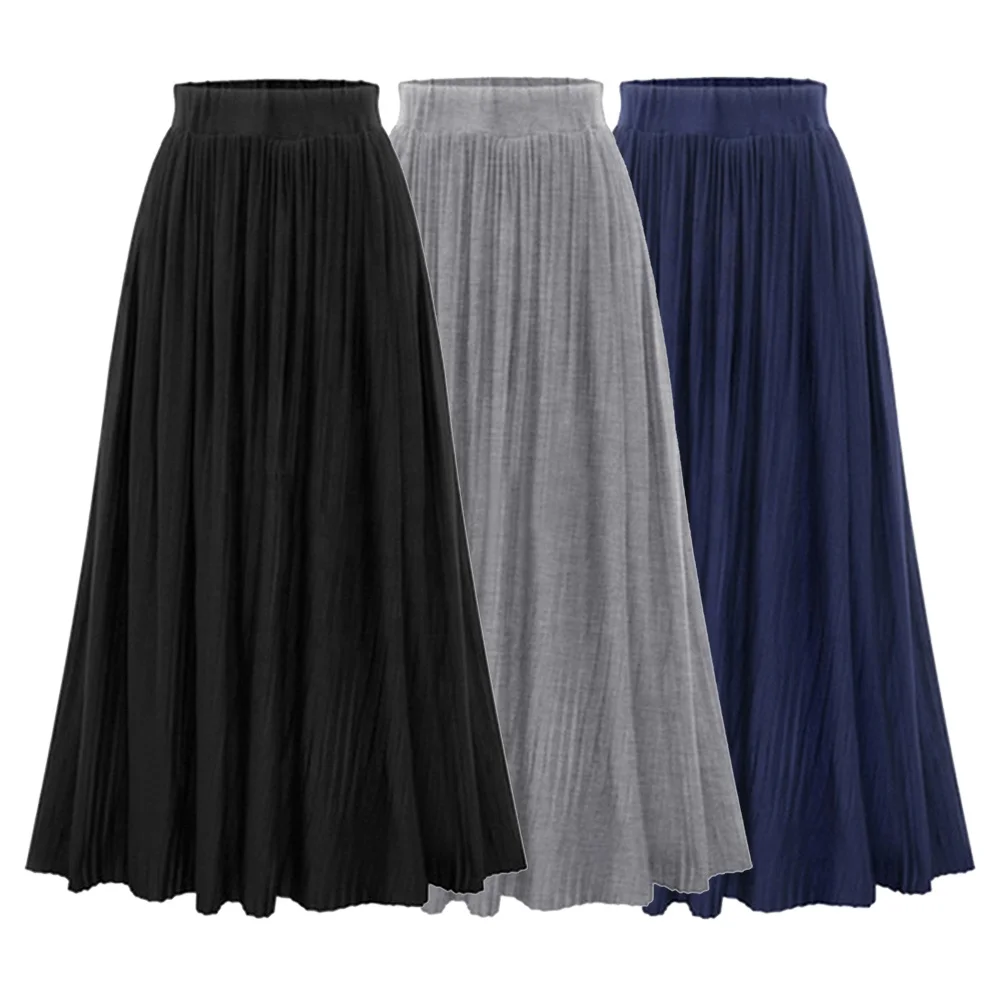 
2021 Summer mid waist solid regular pleated versatile shows thin A-line long skirt casual skirt 