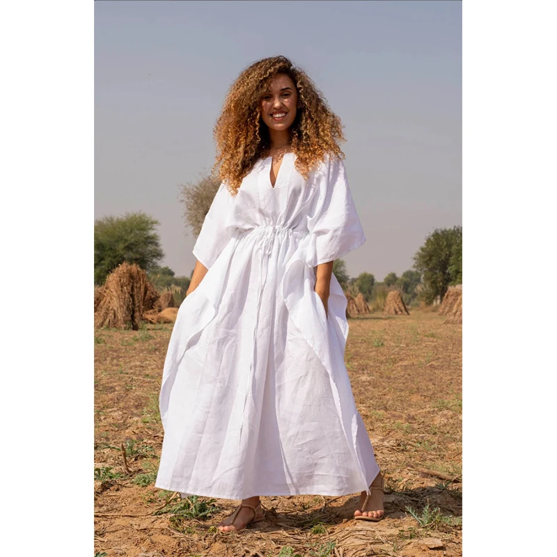 Loose Oversized  White  Linen Casual Dress  Beach cover up Kaftan dress