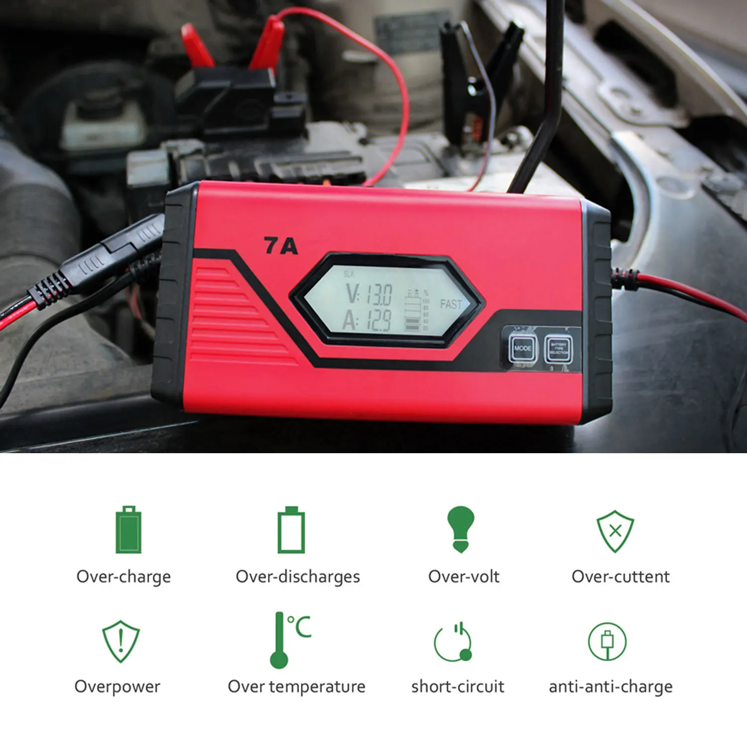 AC DC Hot sale 12V 7A 7-segment + Multi-battery Mode Lead-acid Battery Charger Car and Motorcycle Repair Charger