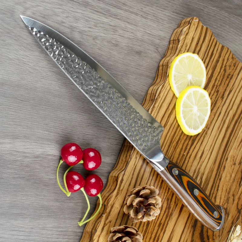 8 inch 5cr15 Stainless Steel Hammer Pattern Kitchen Chef Knife With Ergonomic Pakka Wood Handle