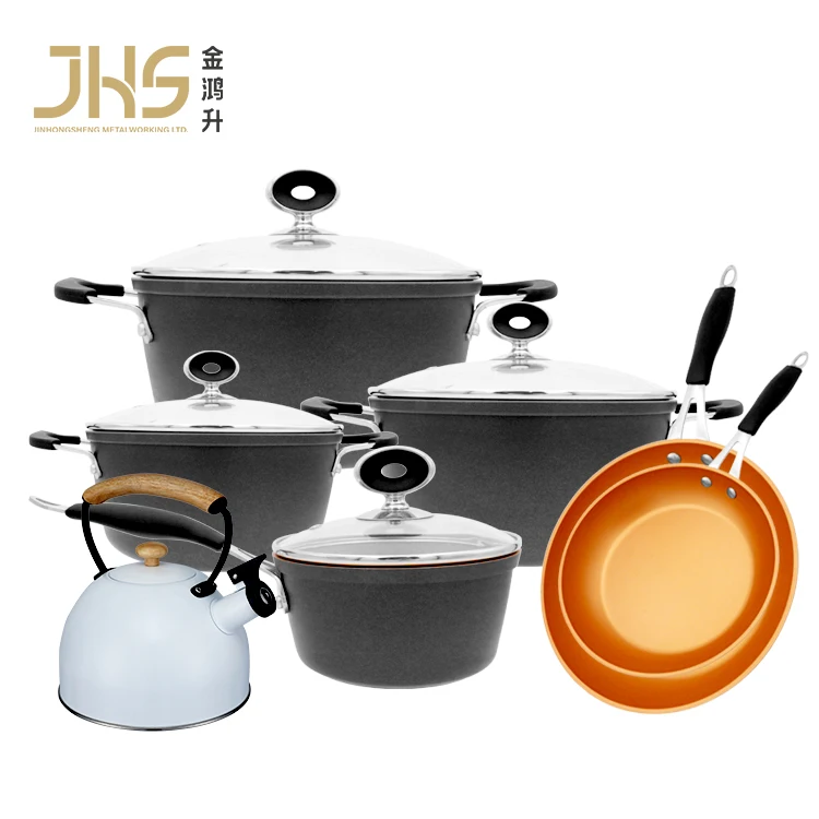 Durable whistling kettle 12pcs granite marble coated aluminum home cooking non stick cookware set forged cookware for camping