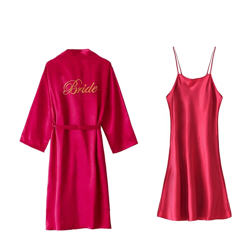 Small Minimum Order Wedding Party Morning Slip Dress Bridesmaid Printed Embroidery Women Bridal Satin Silk Robes Set