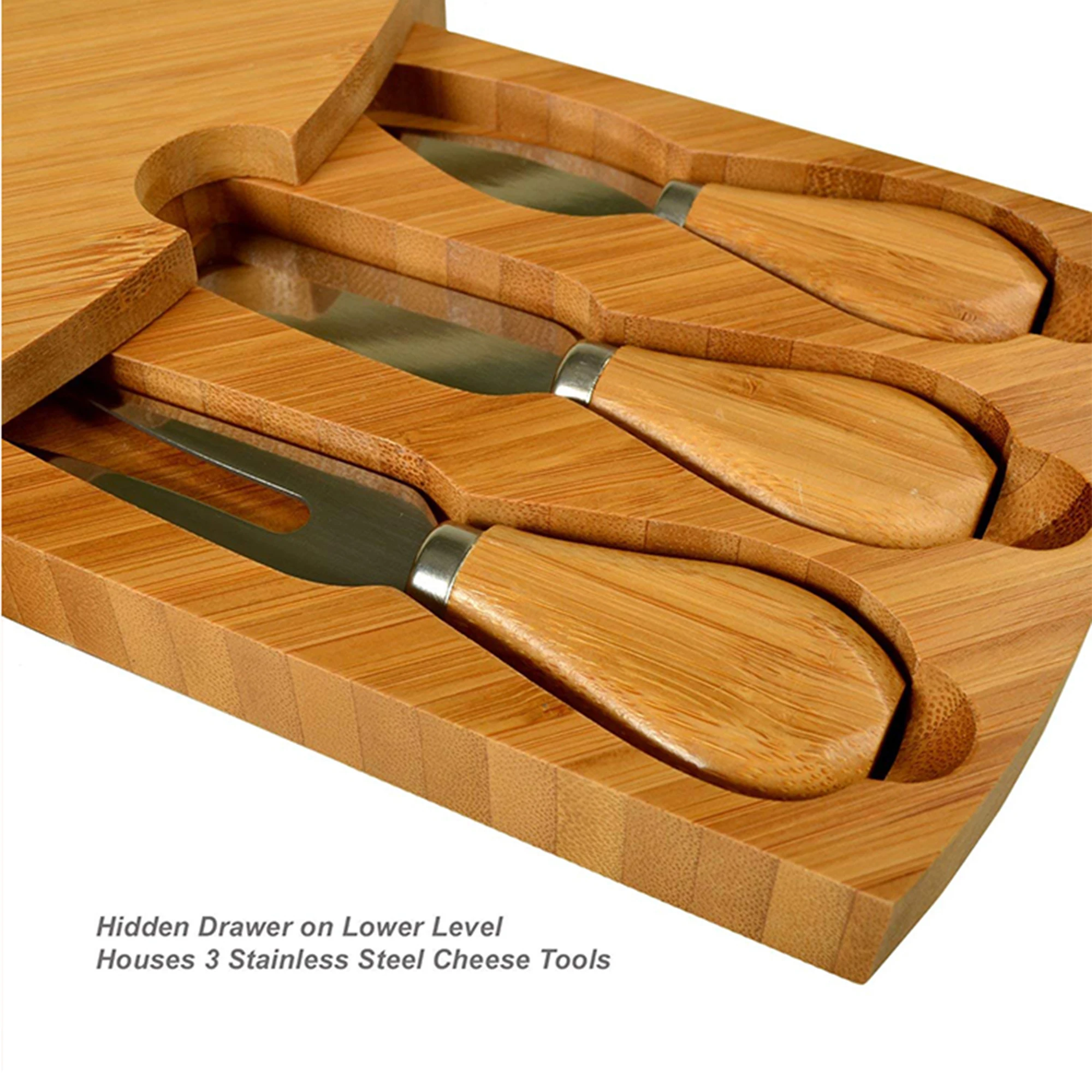 Bamboo Cutting Board With 3 Knife Rotatable Round Cheese Serving Platter Folding Cutting Boards For Fruit Meat