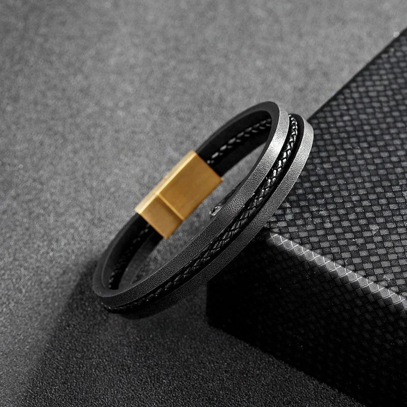 Elegant Simple Style Men Stainless Steel Leather Bracelet Mixed Leather Woven 18.5cm / 20.5cm / 22cm Delicate Bracelet Wholesale