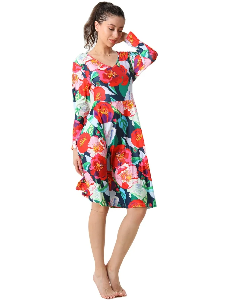 New Arrivals Wholesale Ultra Soft Fashion Women Full Long Sleeve Dress Red Flowers Four Seasons Lady Soft Dresses with Pockets