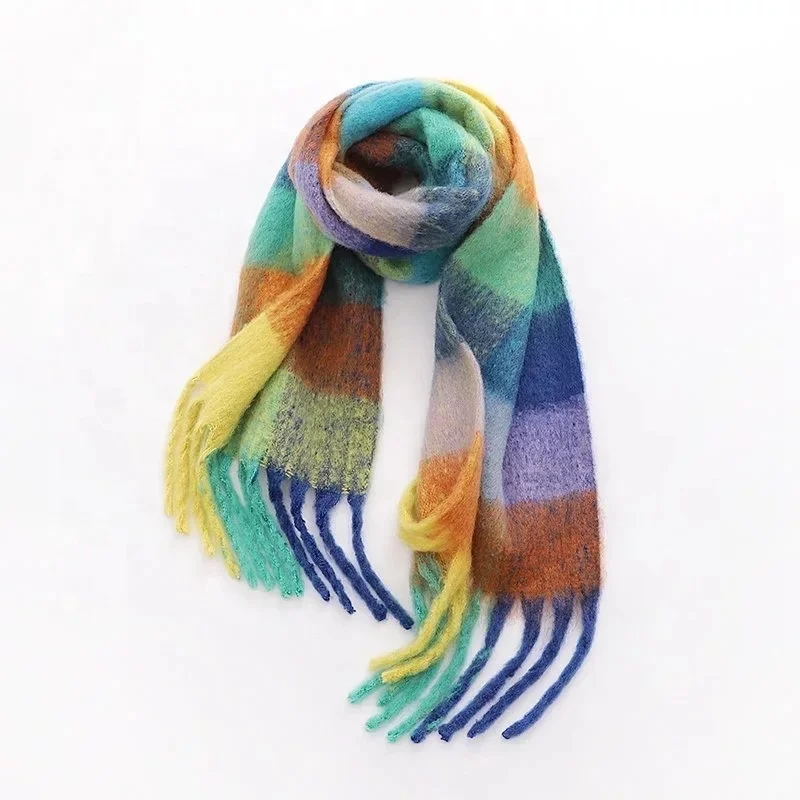KENSHELLEY Hot Sale Thick Plaid Winter Scarf Adults Check Pattern Cashmere Scarf Urban Windproof Stylish Tassel Shawls Scarf