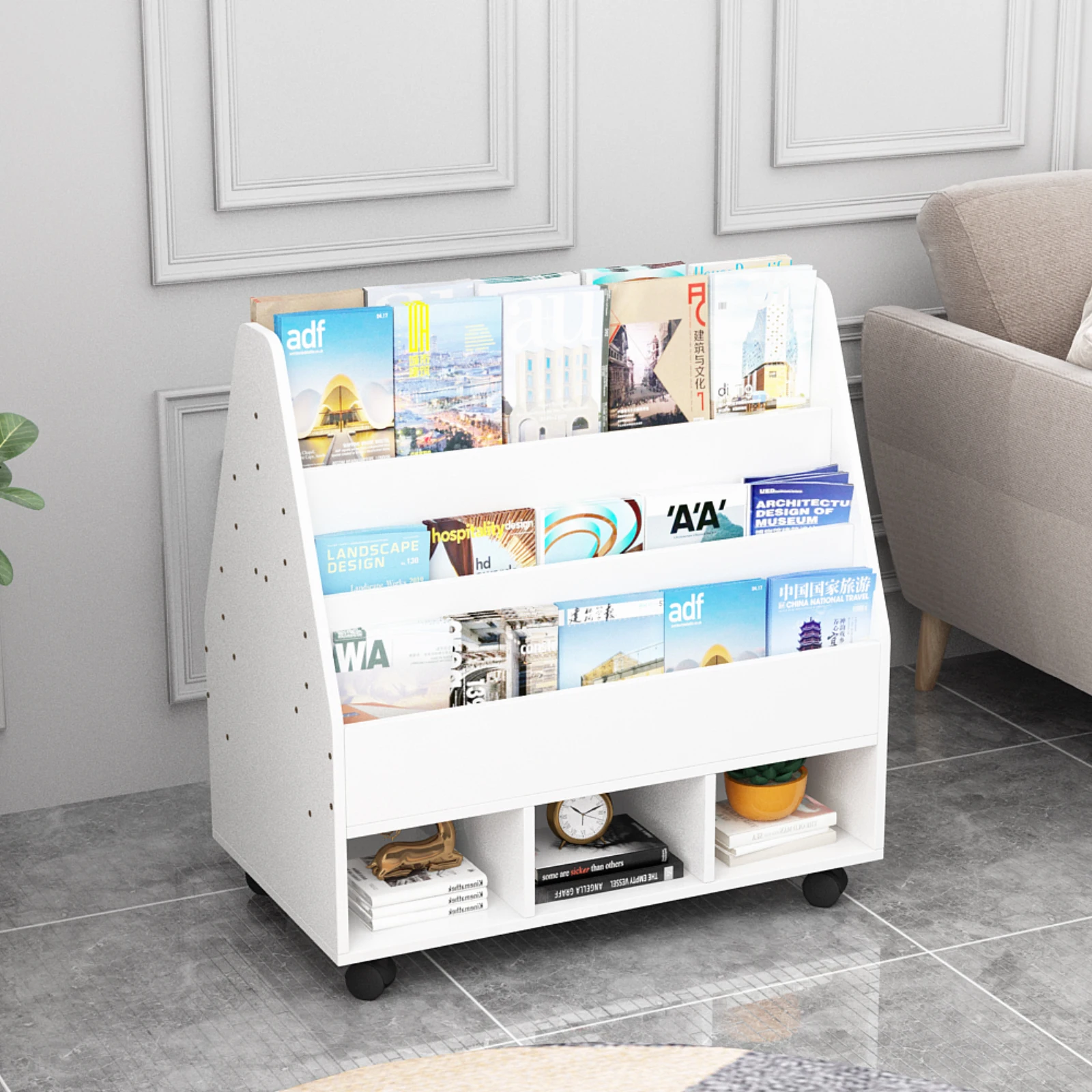 YQ FOREVER White Bookcase Magazine Display Rack Newspaper Holder Kids Toy Cabinet Wooden Storage Bookshelf