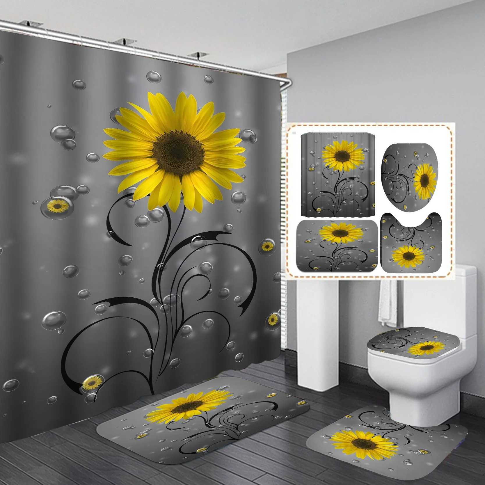 Flower Design Waterproof 100% Polyester 4pcs Shower Curtain Set and Bath Mats Set For Bathroom