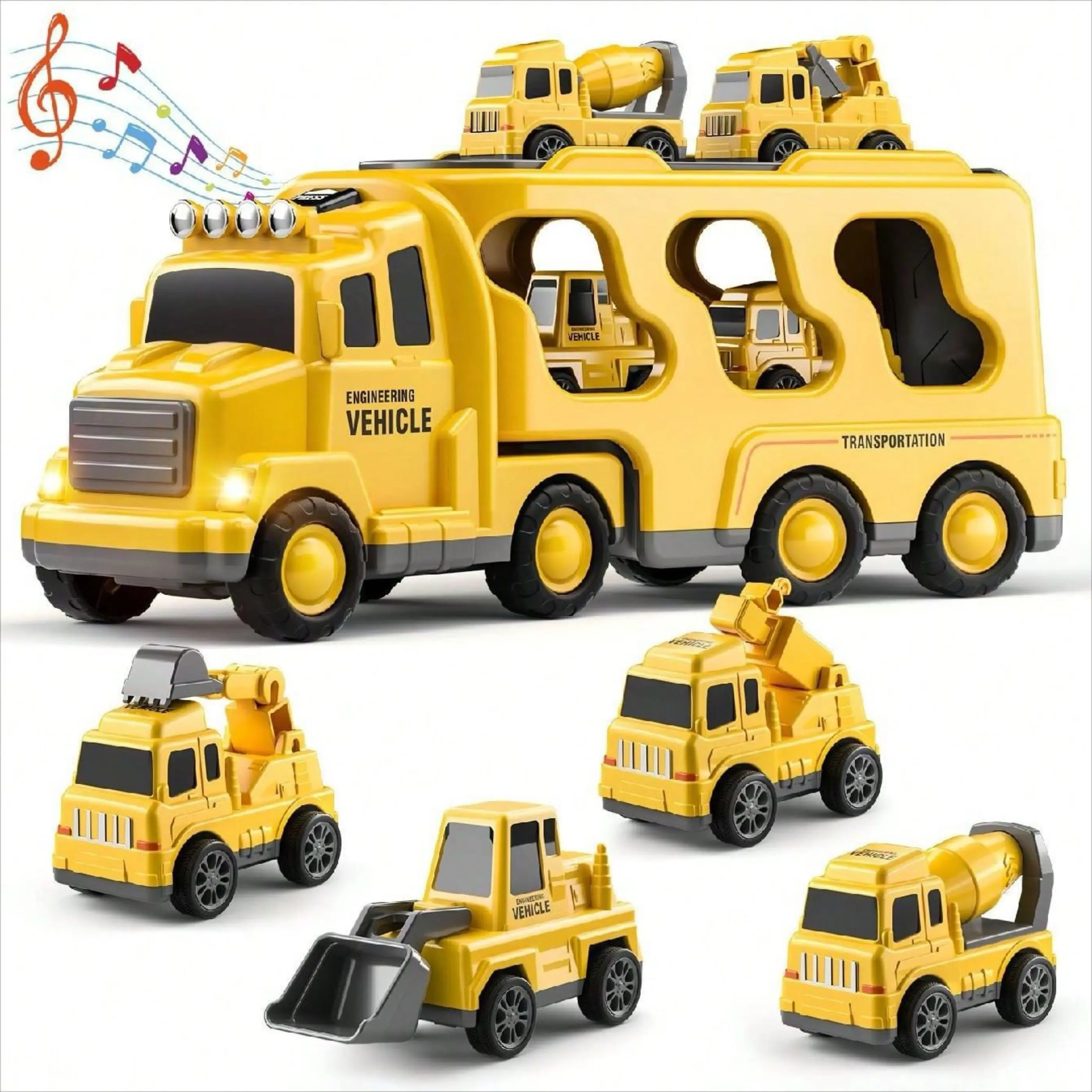2024 Hot selling inertial lighting music transport car,  urban fire engineering toy car,5 in 1 storage double-decker truck