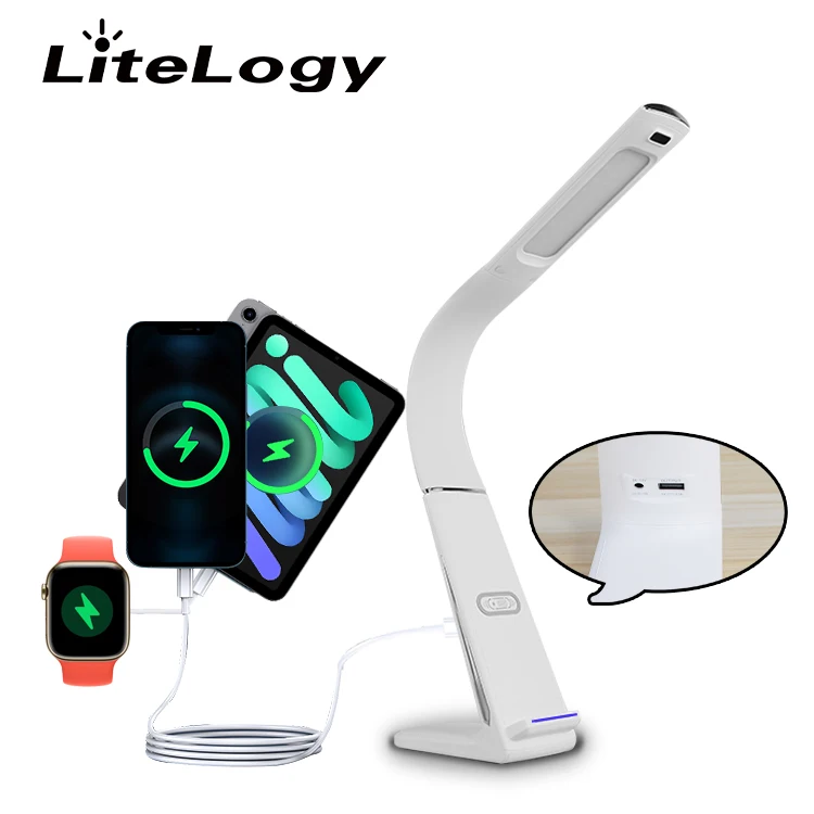 Bedroom Bedside Rechargeable Dimmable Imitation Leather Working Creativity Study Reading Led Desk Lamp  With Wireless Charger