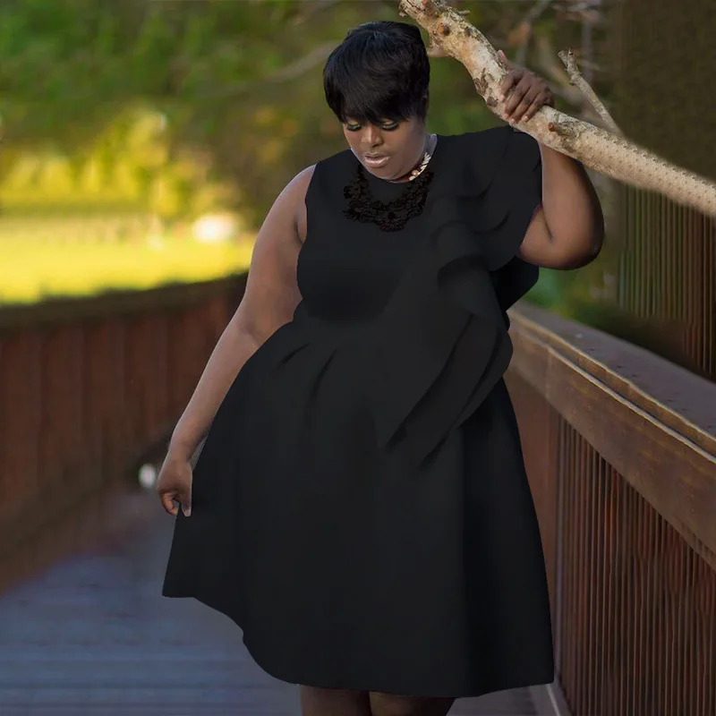 J&H  LPlus Size Xl-5Xl Round Neck Sleeveless Ruffle Sexy A-Line Large Hem African Dress Evening Dress