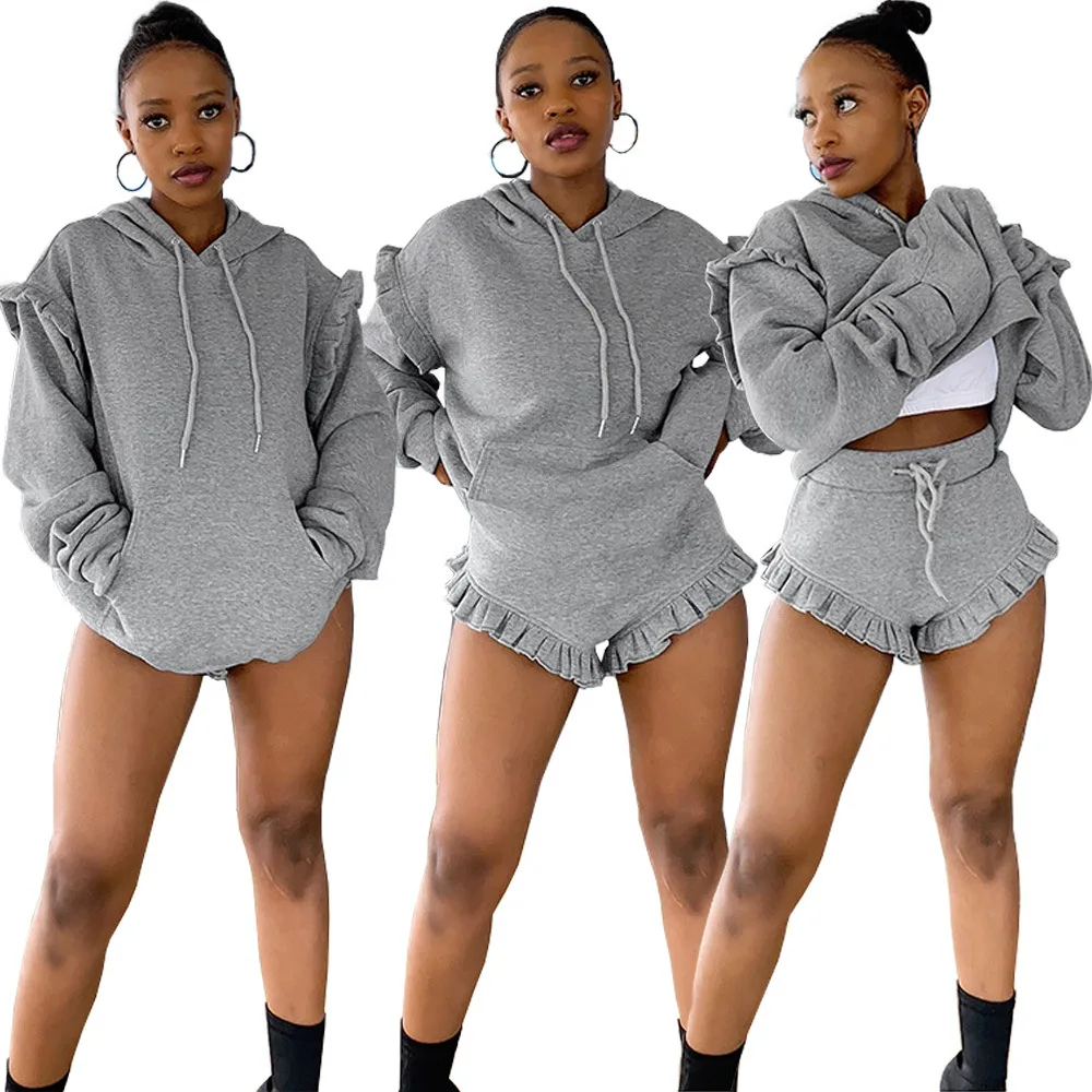 Spring Fall 2piece Sets Women Clothes Long Sleeve Hooded Sweater Casual 2pc Lounge Wear Two Piece Lace Shorts Set