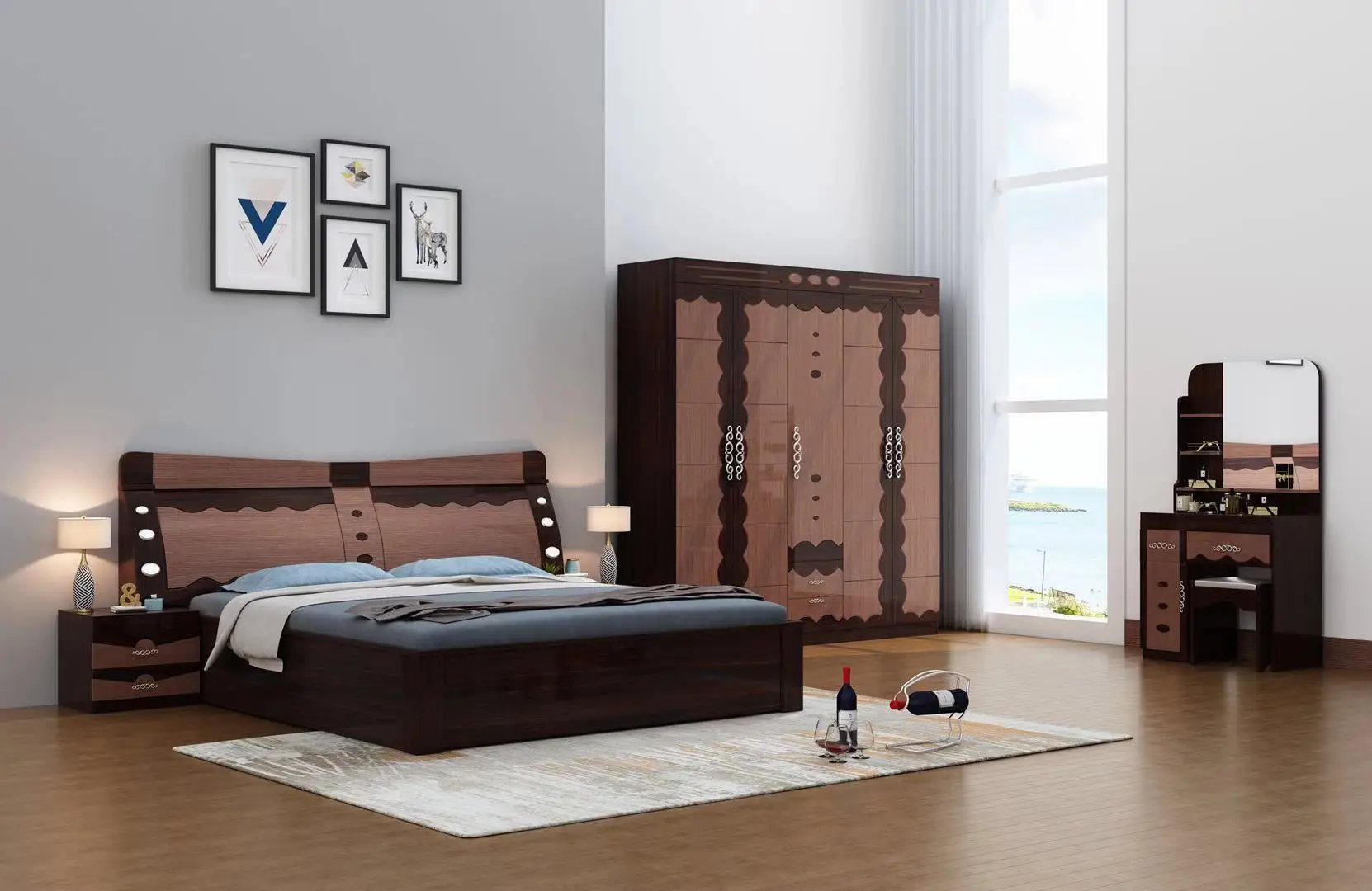 wholesale factory bedroom sets 1.8 Meter hi-gloss king size bedroom set modern lighting bed with nights