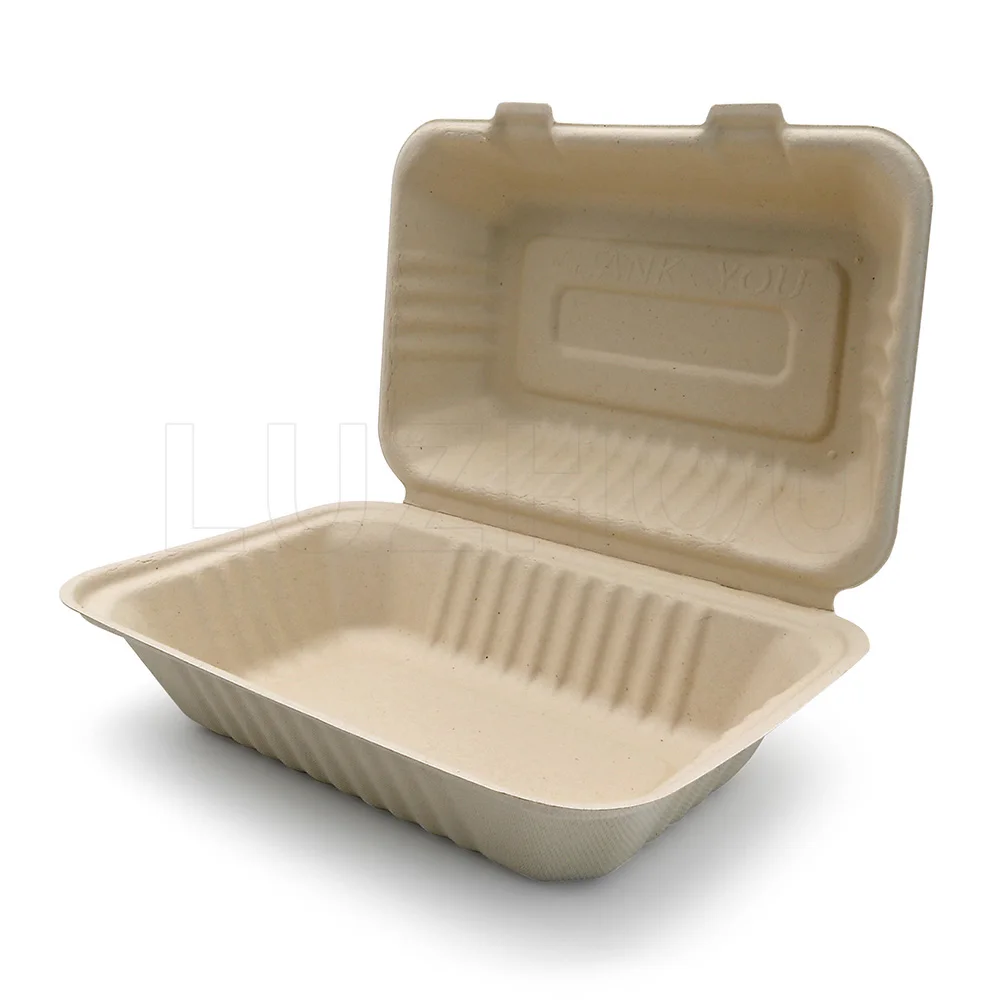 9*6*3 Bagasse Clamshell Takeout Food Containers Biodegradable to Go with Lids for Lunch
