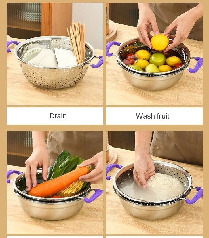 Kitchen fruit vegetable deep colander stainless steel rice colander strainer colander  mesh strainer wirewith single handle