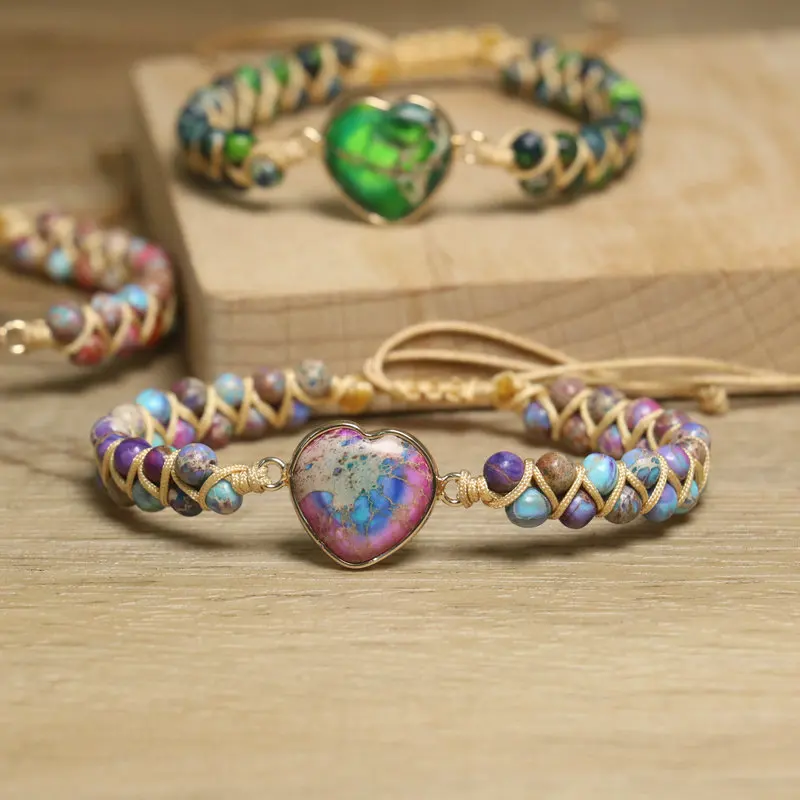 Dainty Beaded Bracelet for Women Jewelry Double-layer Handwoven Heart Charm Imperial Jasper Turquoise Stonr Bracelet