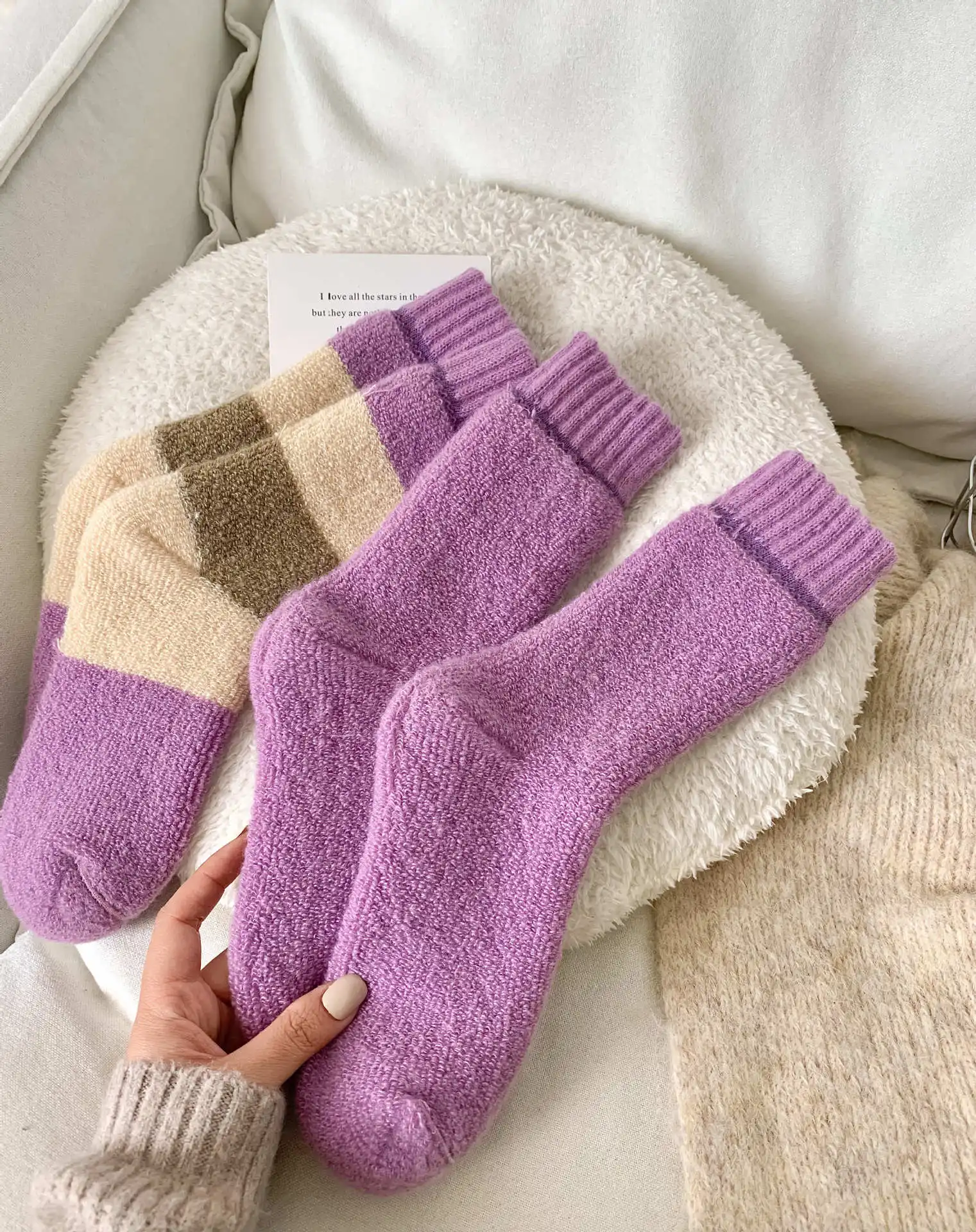 Fashion Girls Calf Thick Knit Boots Socks Gifts Thermal Thick Knit Cabin Cozy Crew Soft Sock Purple Pattern Wool Socks for Women