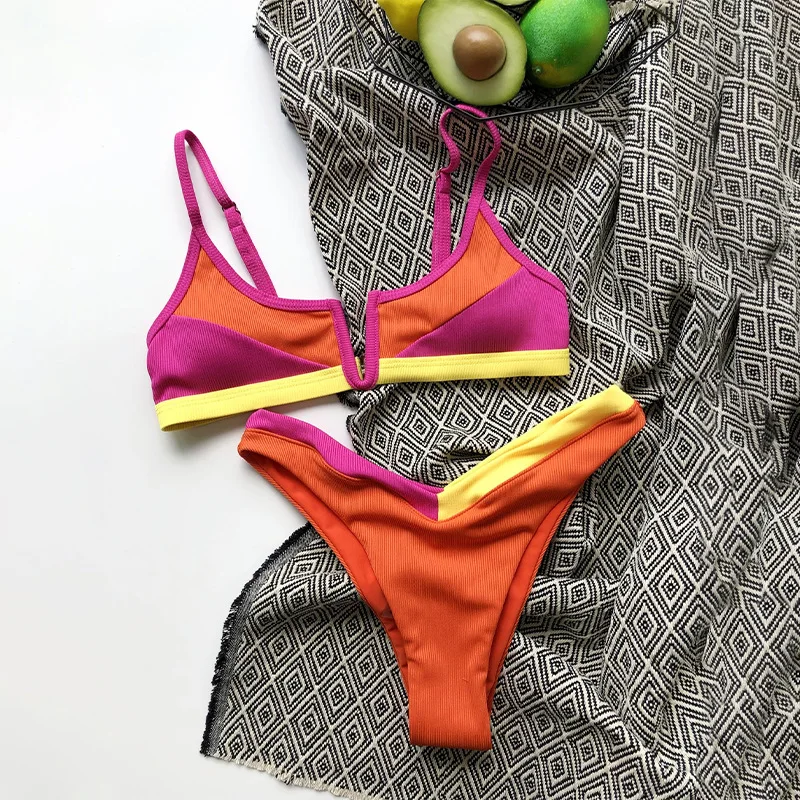 Ribbed Sexy Women Bikini Swimsuit 2 Piece Set Patchwork Beachwear Bathing Suit Girls Multicolour Thong Swimwear