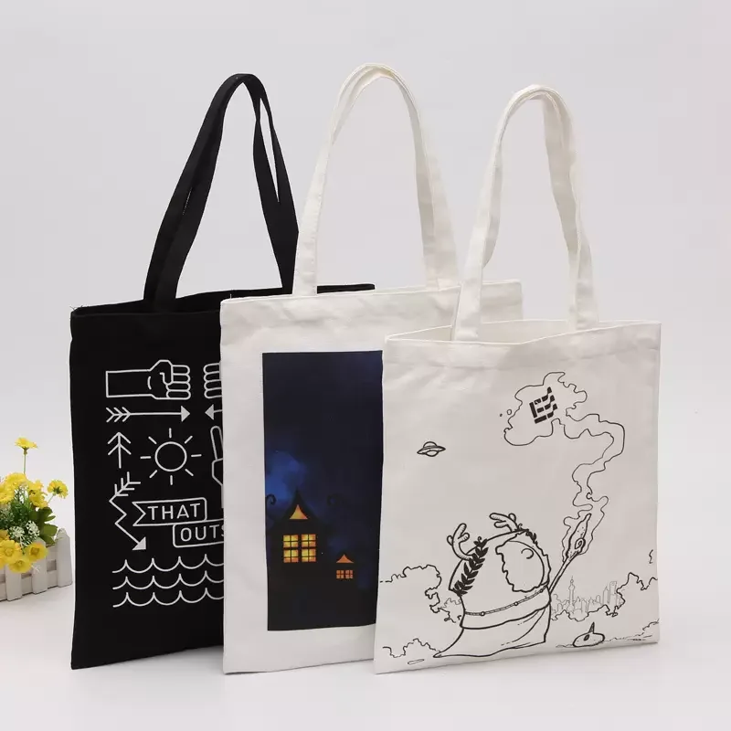 Custom Printed Large Capacity Black Canvas Cotton Shopping Cotton Tote Shoulder Bag