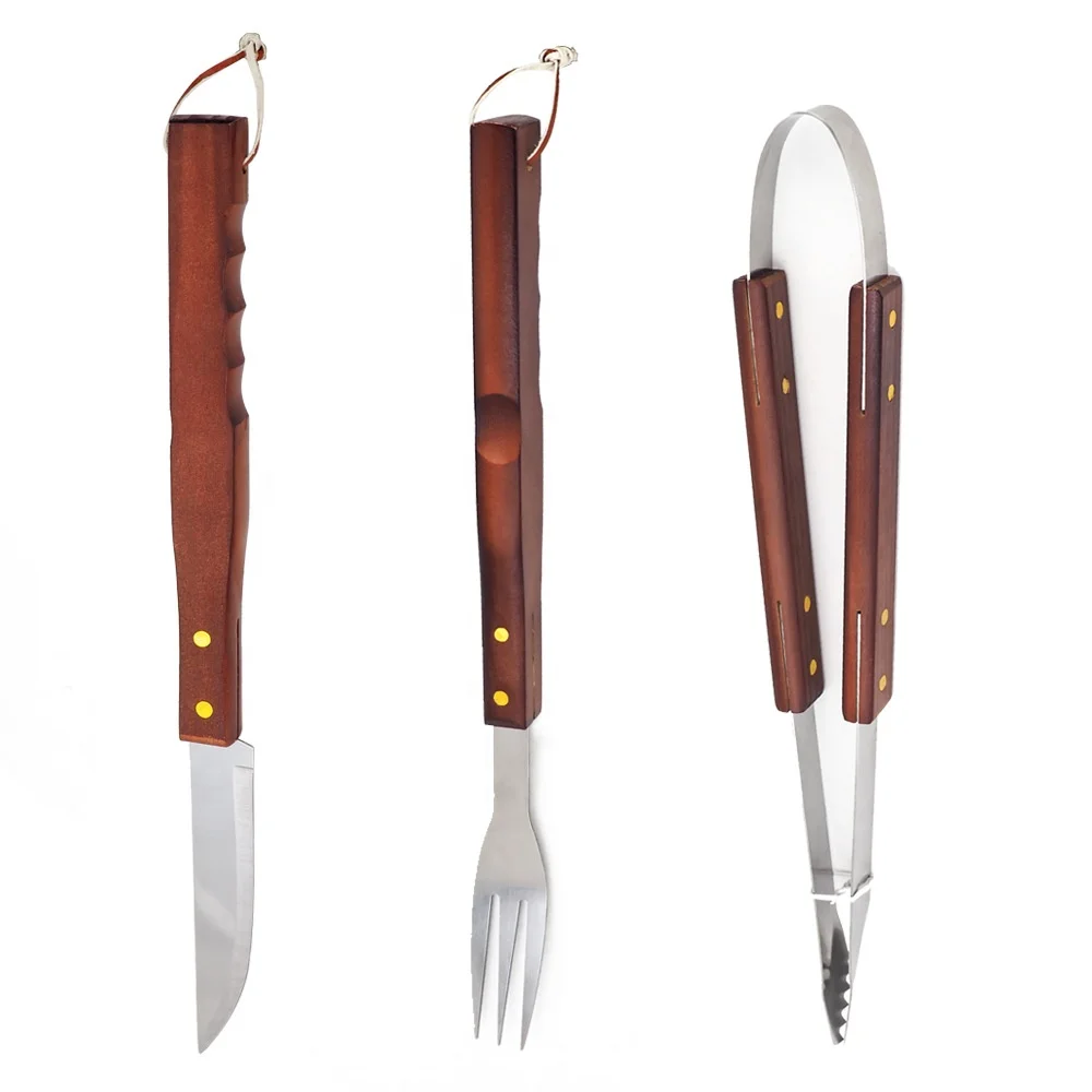 BBQ Grill Accessories Tools Set wooden handle Grilling Tools with apron Tongs knife fork