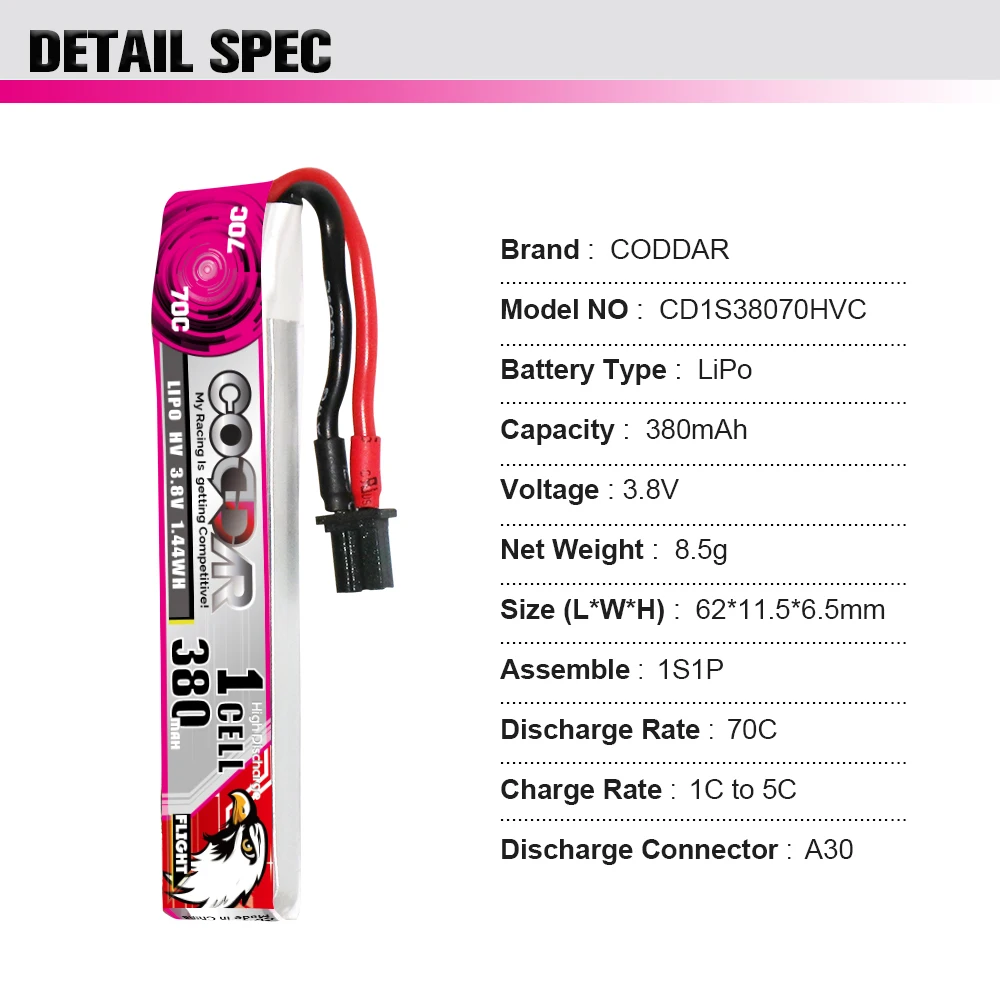 Аккумулятор CODDAR LiPo 1S 380MAH 3 8 V 70C A30 разъем с кабелем FPV Дрон высокого напряжения HV LiHV литий-полимерный