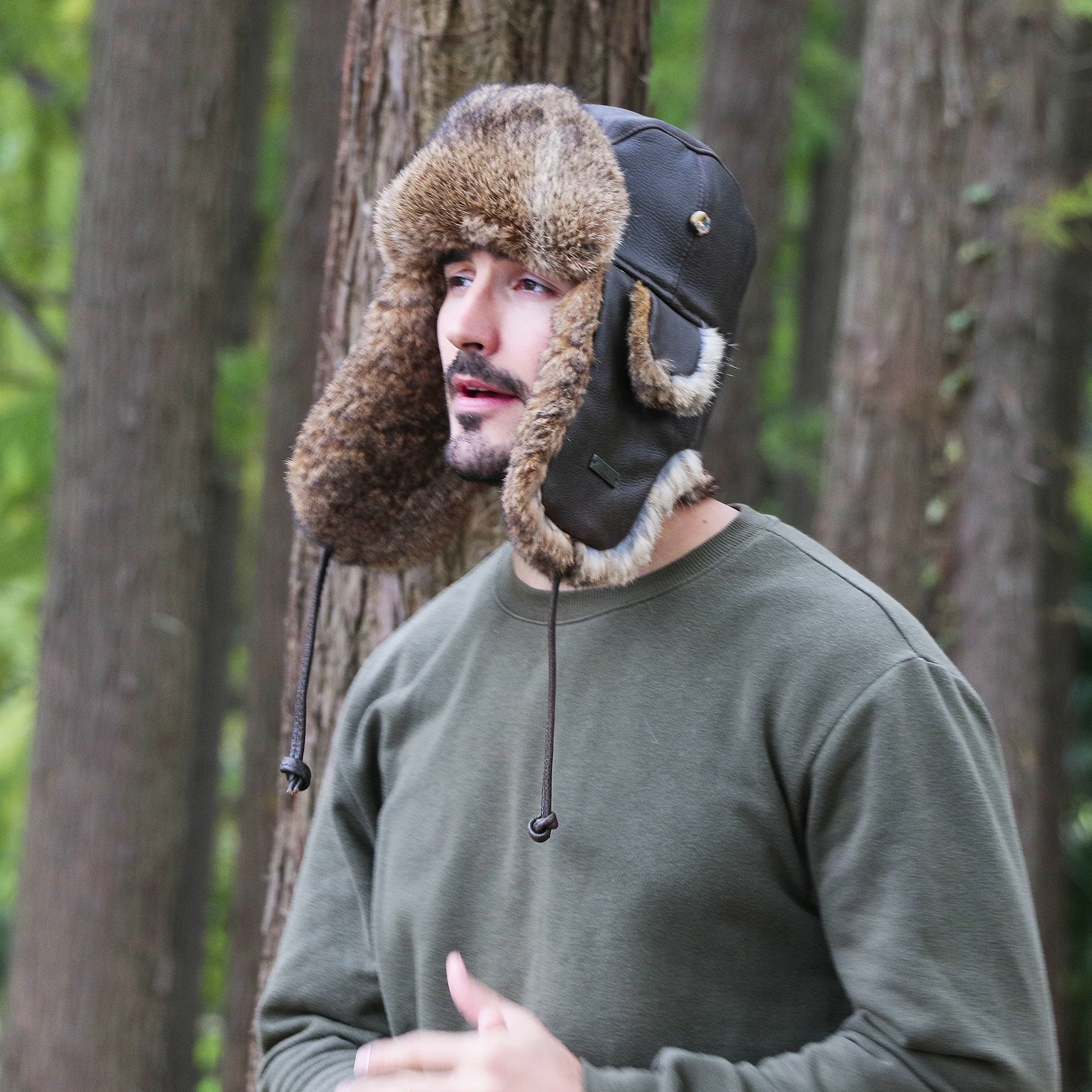 A232 FUR WINTER Vintage Bull Leather Rabbit Fur Aviator Bomber Trapper Trooper Ski Hat