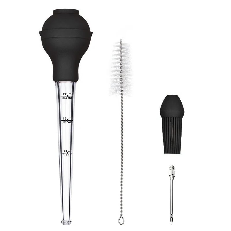 Meat Marinade Injection Cooking 4 Piece Set with BBQ Oil Brush Cleaning Brush Sauce Injection Needle Silicone Turkey Baster