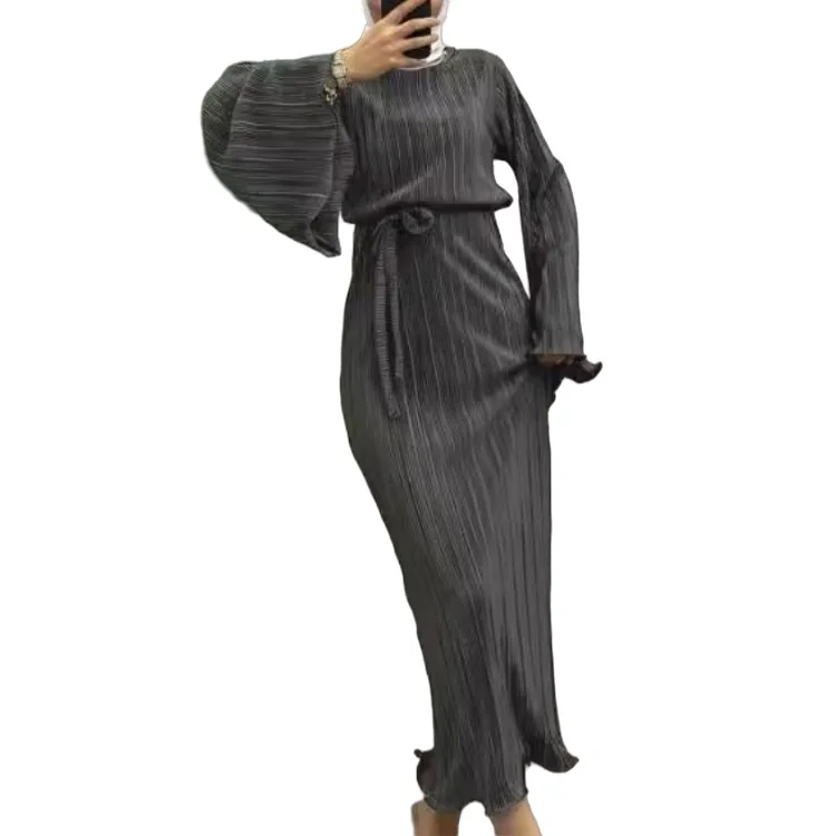 Fashion new wholesale price Muslim solid color pleated straight long skirt flared sleeve waist Muslim women dress