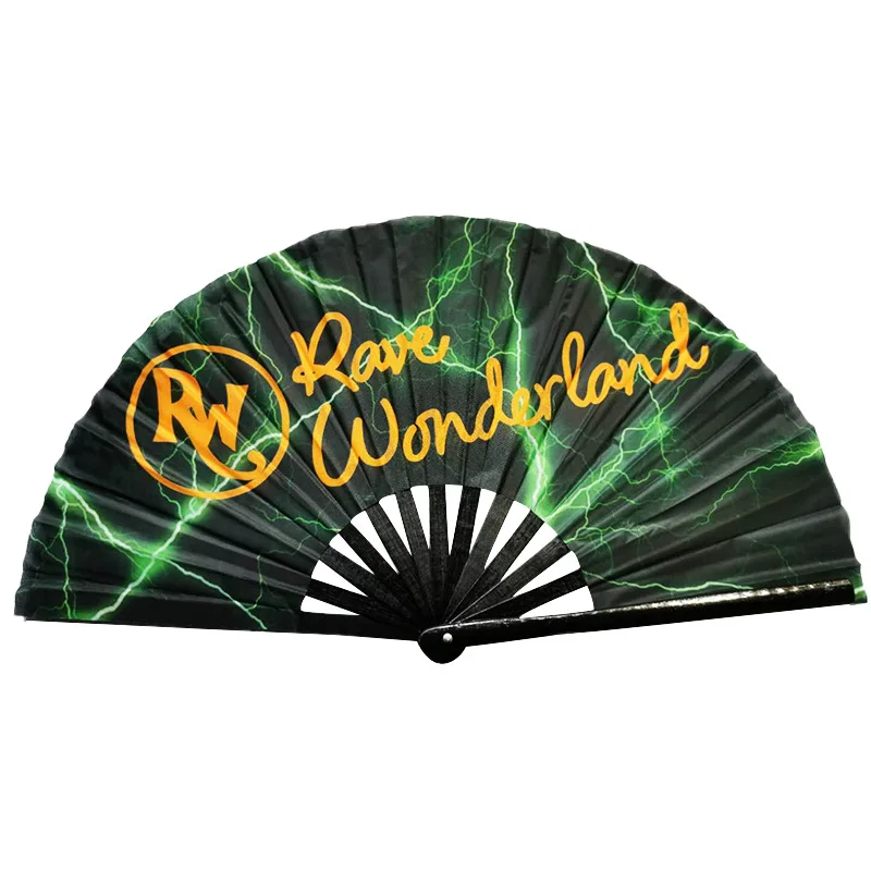 13 Inch Bamboo Handle Fan Custom Logo Printing Big Clack Rave Fan for Dancing Party