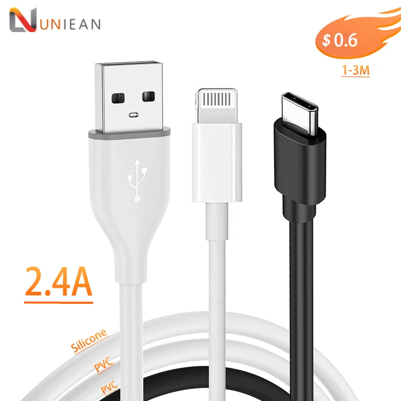 UNIEAN Wholesale PVC 2M 3M USB A Type-c Silicone Cable 2A Micro Usb Fast Charging Cable Data Cables For iphones 15 pro max