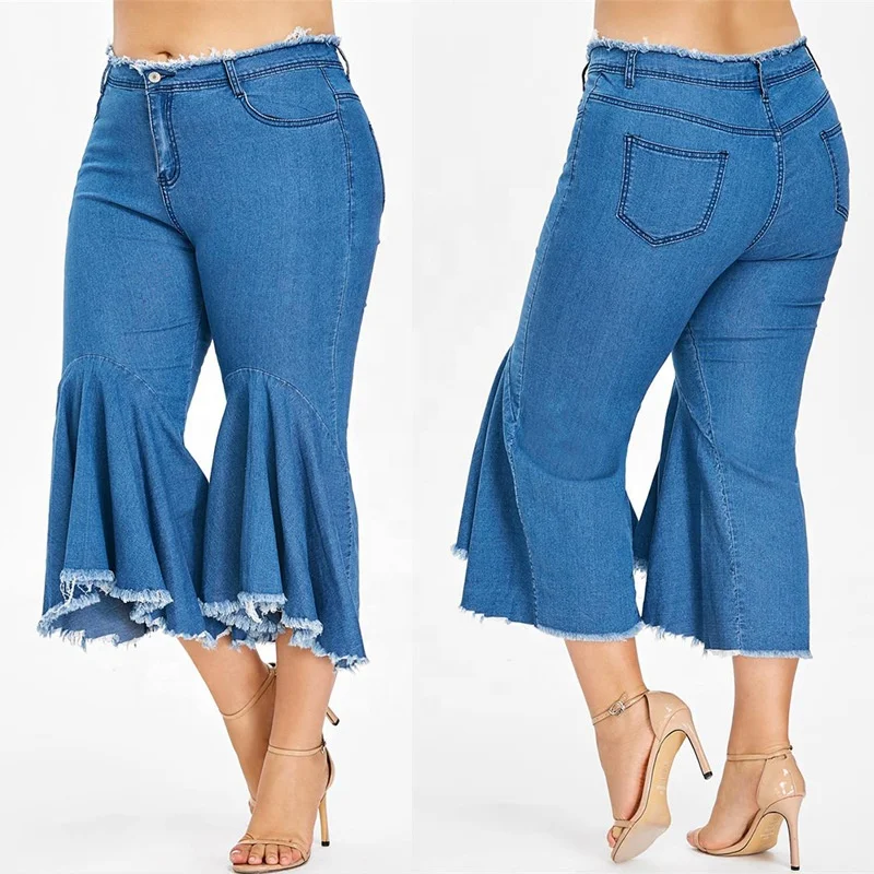 
Ruffled Jeans for Fat Women Fashion Casual Women Irregular Ruffled Denim Cropped Pants Women Clothing 