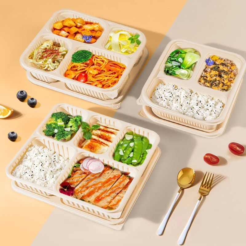 Биоразлагаемый контейнер для пищевых продуктов 3/4/5 отсека еды с крышкой