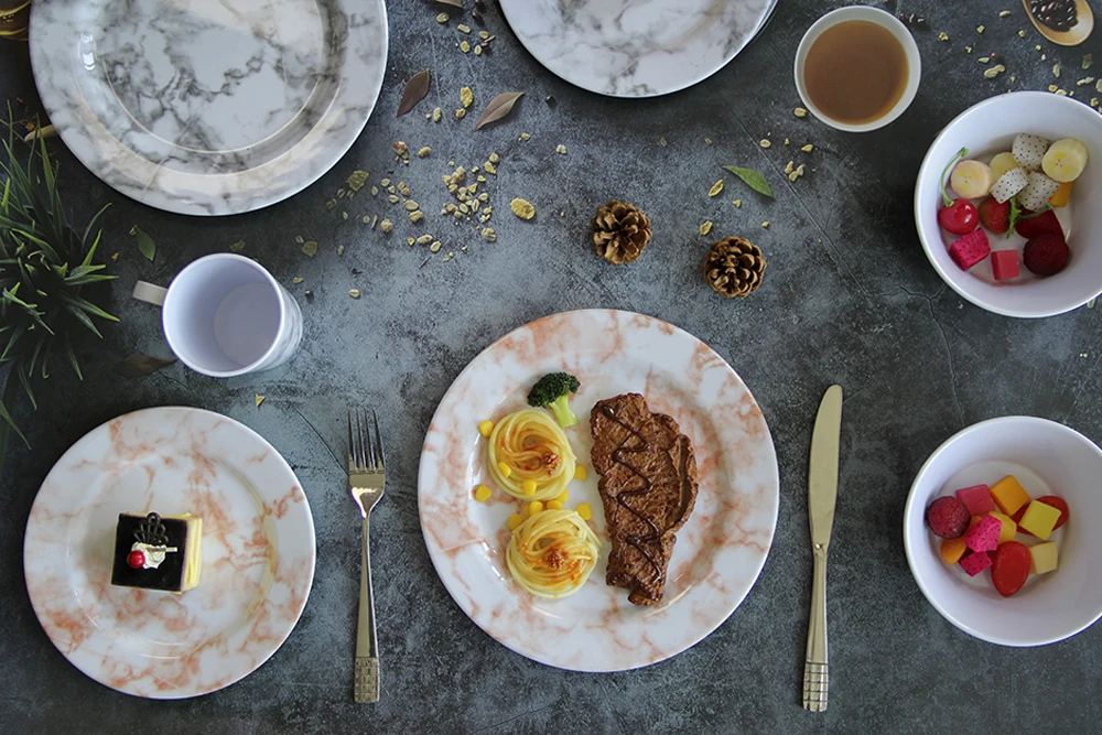 SEBEST Factory juego de vajilla de melamina 4PCS Wholesale Marble Design Plate Bowl Dinnerware Set Melamine Tableware