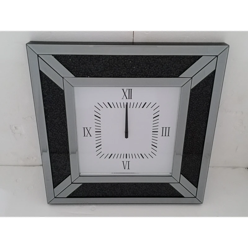 YGSZ0009 High quality customized glass wall clock with wholesale price glass crushed crystal  mirrored wall clock