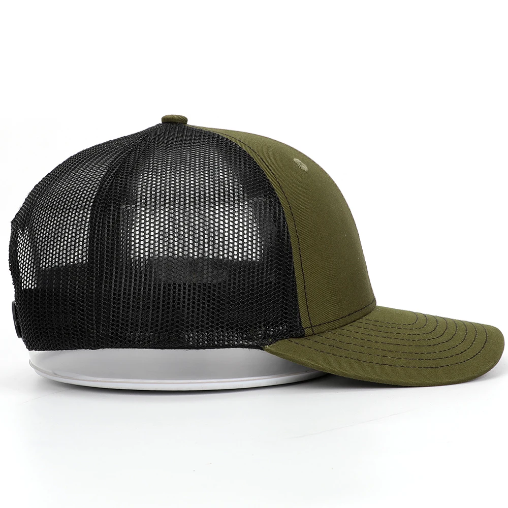 High Quality 6 Panel Olive Green Custom Logo Blank Back Mesh Embroidery Patch Trucker Hats Caps