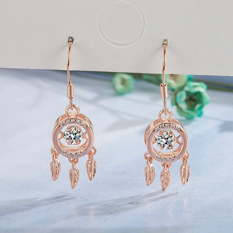 Women Vintage Blue Light Charm Tassel Feather Dangles Ear Stud Natural Grey Moonstone Dream Catcher Drop Earrings