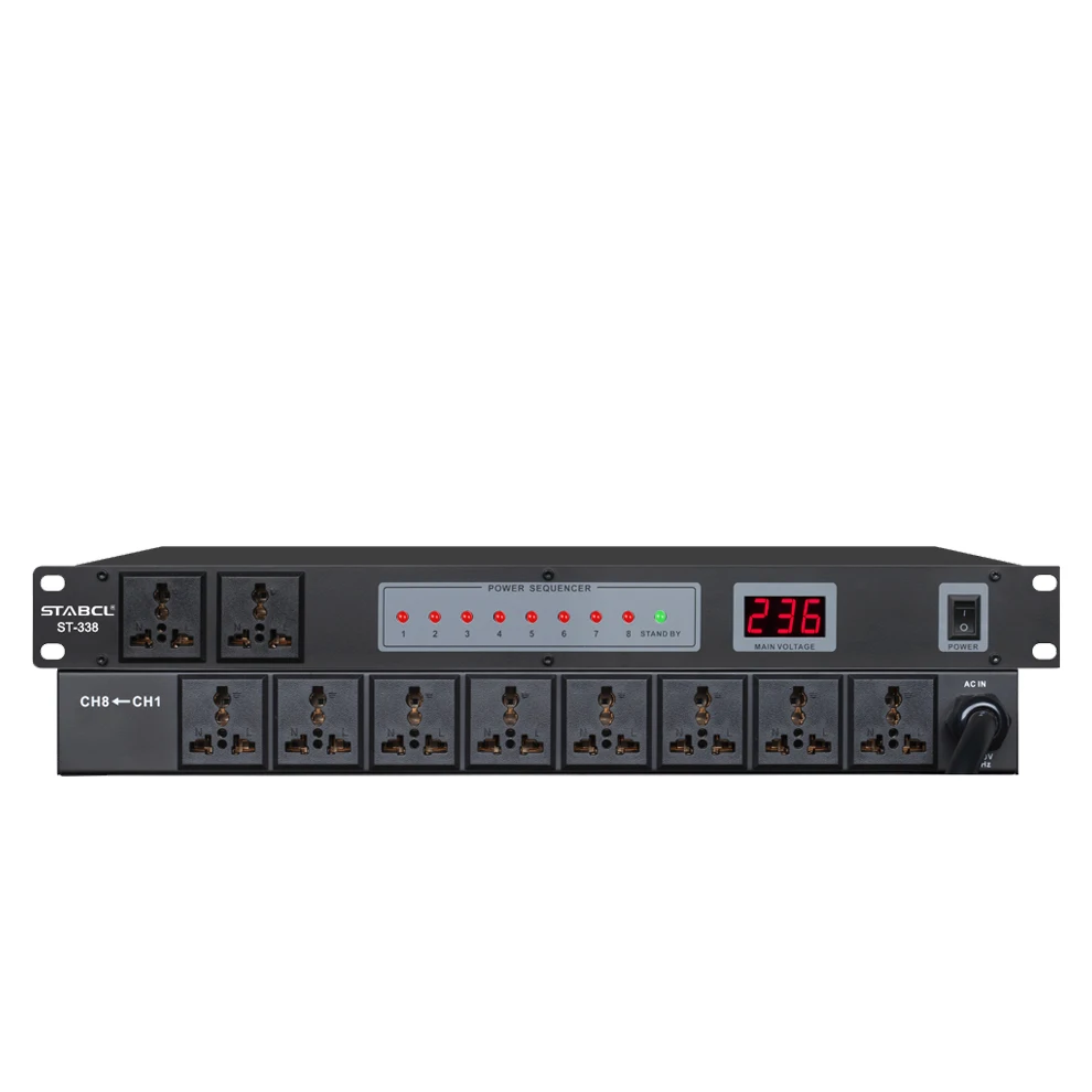 ST-338 10 outlets audio power sequence controller timing device power conditioner with voltage meter for stage and studio
