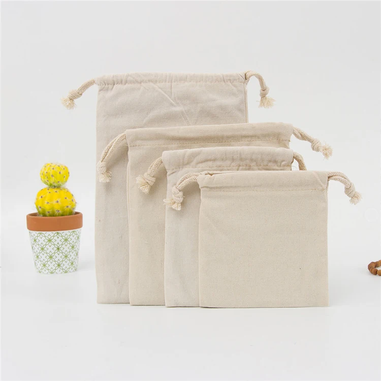 Custom logo draw string bag calico muslin cotton canvas drawstring bag with cotton string for gift storage