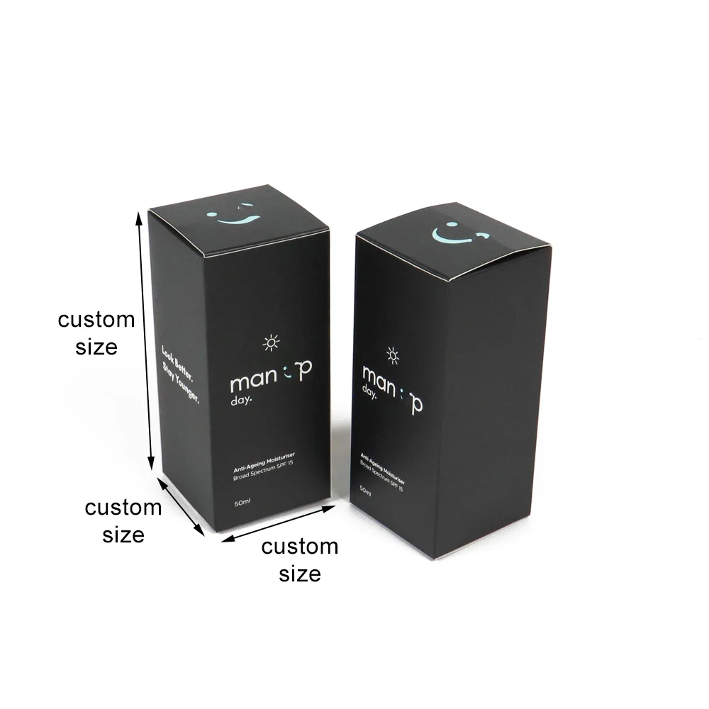 Custom Eco Friendly Biodegradable Product Cardboard Packaging Box Black Card Paper Skincare Cosmetic Suntan Lotion Paper Box