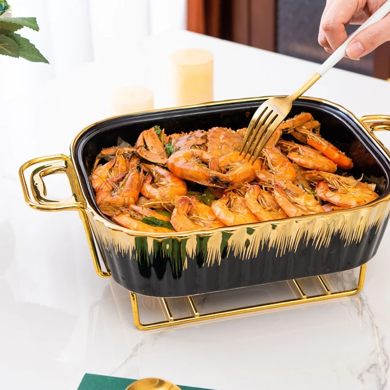 Hotel Equipment Catering Rectangle Shape European Luxury Set Ceramic Dry Pot Food Warmer Set