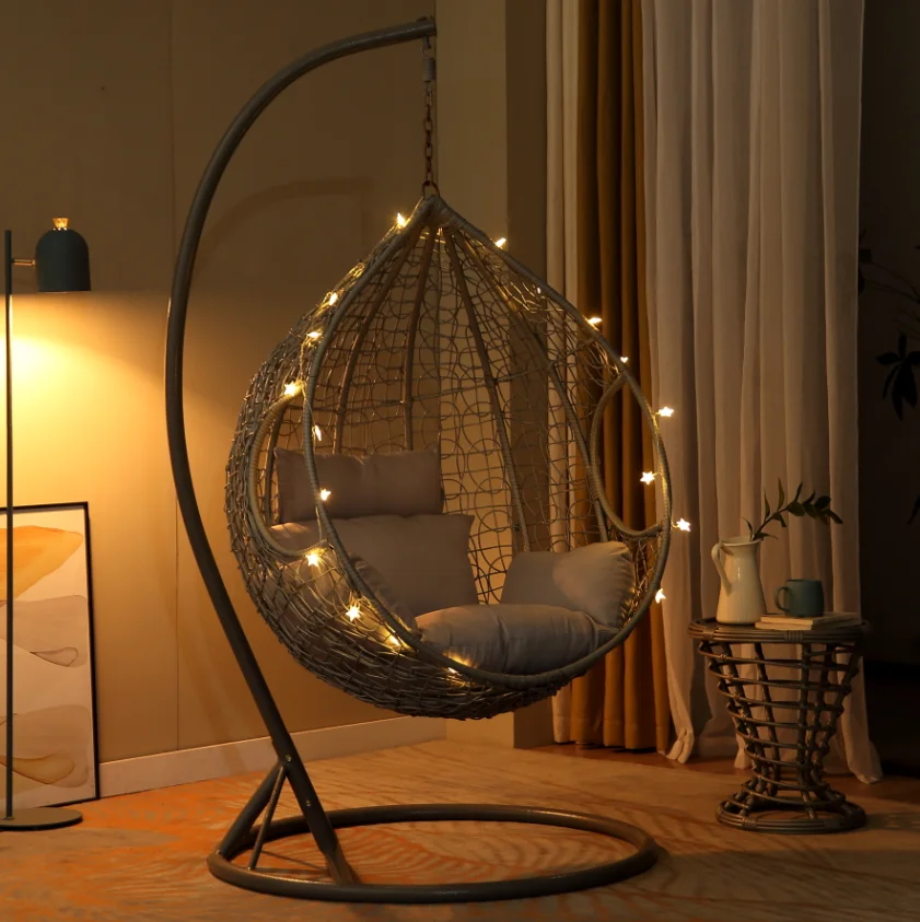 Hot Sell  Outdoor Hanging chairs Rattan patio egg chair wicker swing  Large Chairs with support table outdoor living room