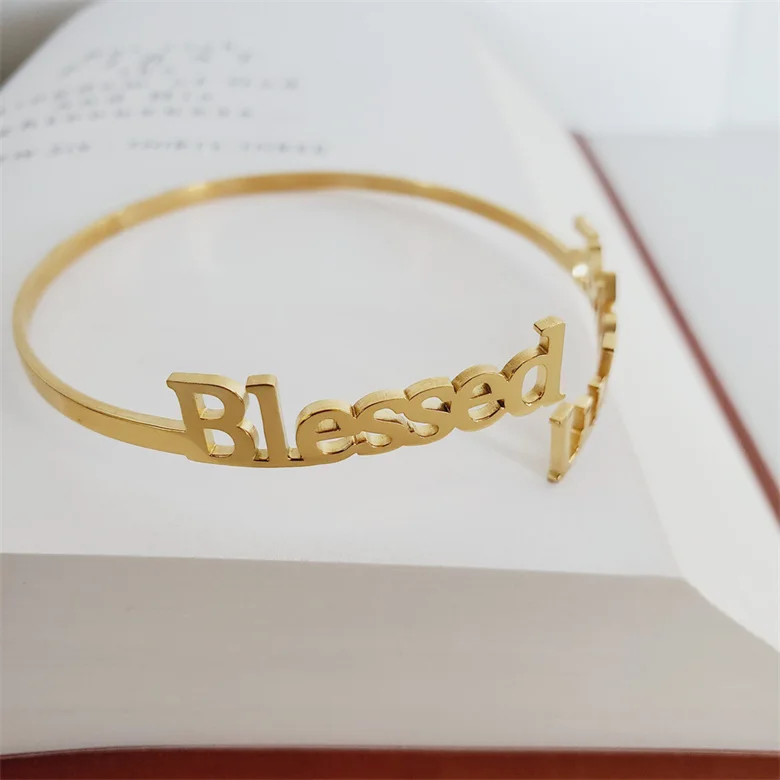 Christian Catholic jewelry dainty stainless steel bracelet silver gold Worthy Proverbs Blessed Luke Bible Verse Cuff open bangle