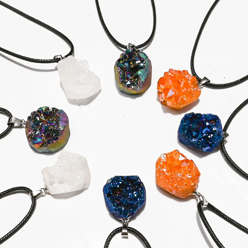 Geometric Irregular Natural Stone Agate Crystal Teeth Cluster Plated Raw Stone Austria Crystal Drusy Necklace for Men Women